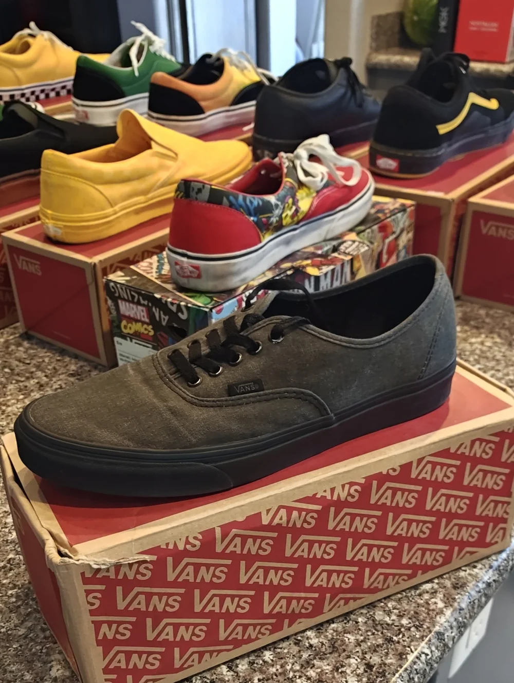 Vans Gray Canvas Low Top Sneakers with Red Midsole Accent